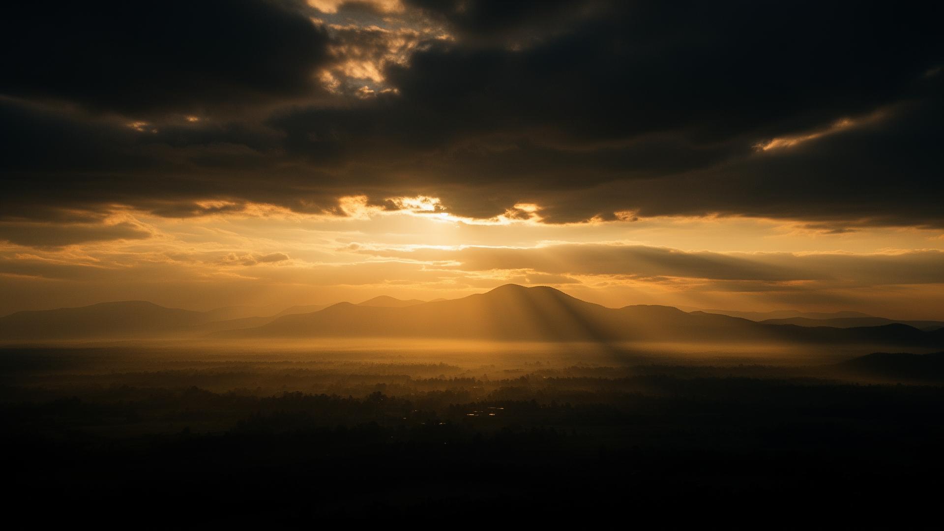 Cinematic horizon with warm golden light breaking through clouds